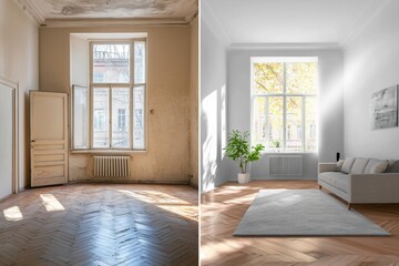 Wall Mural - Transformation of a run down apartment into a bright, modern interior with elegant design and natural light. Generative AI