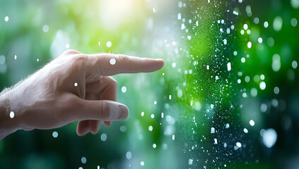 Hand pointing at digital particles, nature background.  Interactive technology concept for website or app