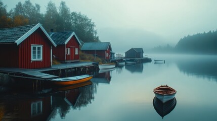 Leinwandbilder - Misty morning in a Scandinavian village featuring red cabins by a tranquil lake with boats gently floating. Generative AI