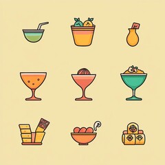 Wall Mural - Holi Sweets and Drinks Icon Set with Traditional Items, Holi