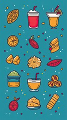 Wall Mural - Holi Sweets and Drinks Icon Set with Traditional Items, Holi