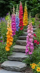 Wall Mural - Colorful foxgloves line stone steps, garden landscape. Possible background for web