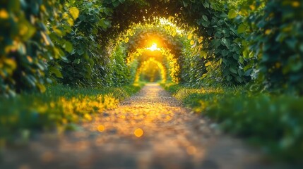 Wall Mural - Leafy archway path at sunset in a peaceful park