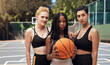 © peopleimages.com - Women, portrait and people with game, basketball and athlete with training, outdoor and practice. Group, healthy and friends with fitness, court and competition with support, teamwork and players