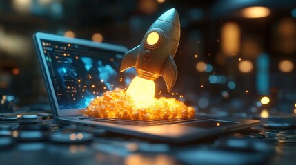 Wall Mural - Rocket launching from laptop, city night, startup