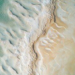 Wall Mural - aerial view of coastal sand patterns, turquoise water, textured beach, sunset backdrop, nature desig