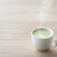 Steamy matcha latte in minimalist cup on wooden surface, exuding warmth and comfort. Perfect for cozy moment or refreshing break