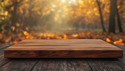 Wall Mural - Autumnal forest backdrop, wooden display, fall leaves