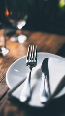 Aufkleber - Dining setup with silver cutlery on a rustic wooden table in a cozy restaurant during dinner time. Generative AI