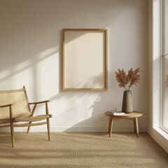 Wall Mural - Sunlight streams into minimalist room, showcasing blank poster mock-up, chair, and side table