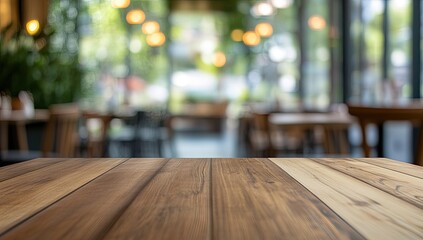 Wall Mural - Empty wooden cafe table, blurred background, daytime, product placement