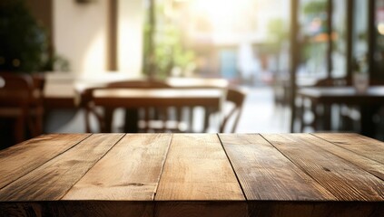 Wall Mural - Wooden table, cafe interior, sunny day, blurred background, product display