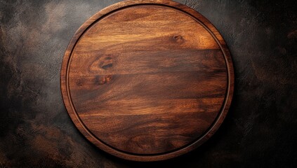 Canvas Print - Rustic wooden round serving board on dark background