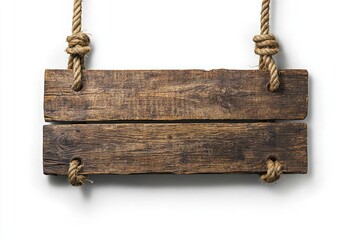 Canvas Print - Rustic wooden sign, hanging, ropes, blank, white background, message