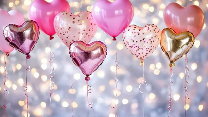 Wall Mural - Heartfelt Celebration: Heart-shaped balloons, in shades of pink and gold, float gently against a soft bokeh background, evoking feelings of love, joy, and celebration.