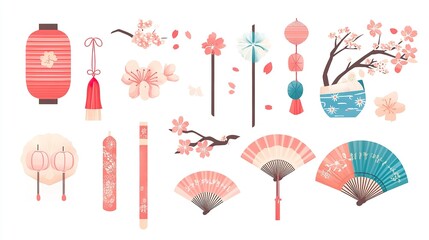 Wall Mural - Icon Set of Cherry Blossom Festival Essentials, Cherry Blossom Festivals (