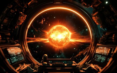 spaceship window view; fiery star, cosmic background; science fiction; game design