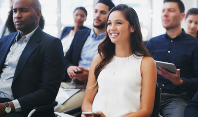 Aufkleber - Business, audience and listening at company convention, diversity and learning at corporate seminar. Crowd, attention and employee engagement with information, training and feedback for development