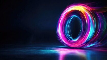 Wall Mural - glowing neon ring spins, dark studio, abstract background, digital art