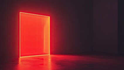 Wall Mural - red neon door in dark room, glowing, futuristic, abstract background, website banner