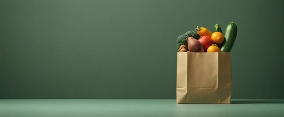 Wall Mural - Produce in paper bag on green background