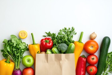 Wall Mural - Fresh produce grocery bag, white background, healthy eating