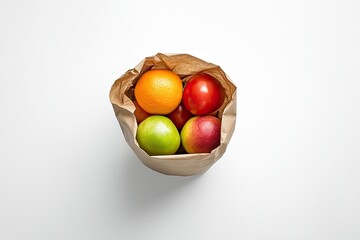 Wall Mural - Fruit in paper bag, white background, overhead shot, healthy snack