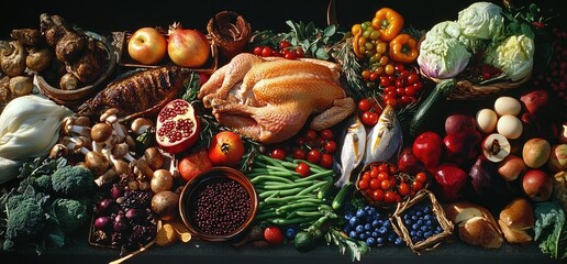 Wall Mural - Abundant Harvest Table Roasted Chicken, Fish, Fruits, Vegetables, and Grains