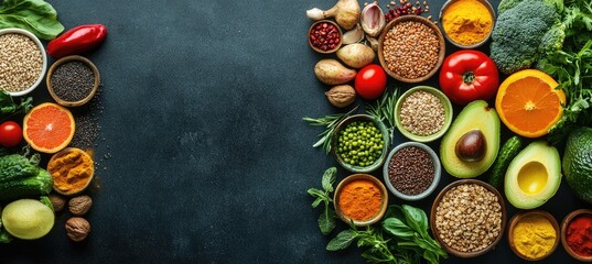 Wall Mural - Healthy food, spices, herbs, dark background, cooking