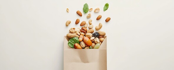 Sticker - Nuts, seeds, and herbs spilling into paper bag on white