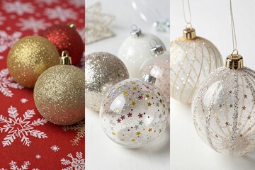 Glittery Christmas baubles on red and white backgrounds.