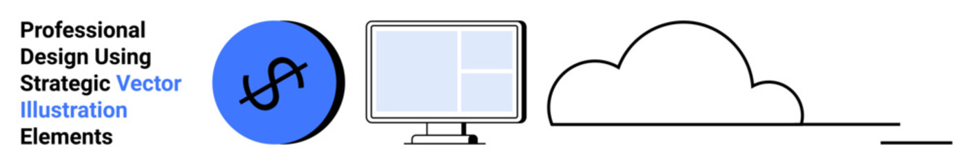 Dollar sign in blue circle, computer monitor displaying layout, curved cloud graphic. Ideal for finance, technology, cloud storage, online marketing, digital strategy, startups flat landing page