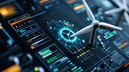 Leinwandbilder - A computer screen shows a wind turbine with a digital clock on it