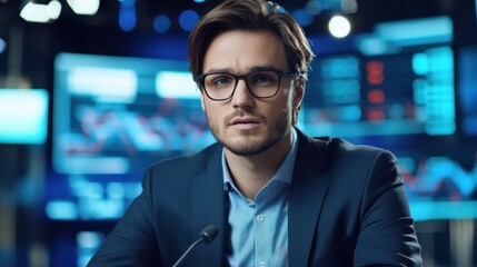 Leinwandbilder - A man in a suit and glasses is sitting in front of a computer monitor