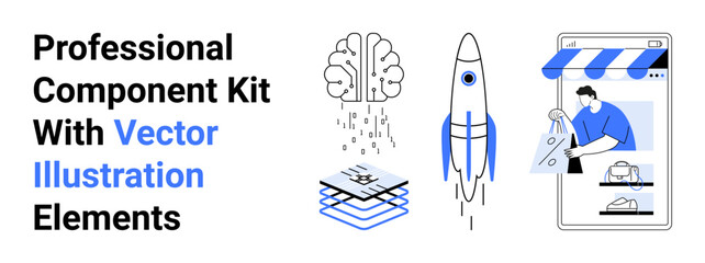Brain representing AI, rocket launch for innovation, digital layers for structure, and e-commerce mobile app interaction. Ideal for tech, creativity, education, AI, business innovation flat landing