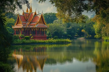 Wall Mural - Thai pavilion, serene lake reflection, park, sunlight, peaceful