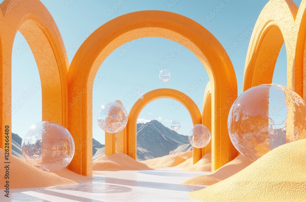 Golden arches with floating spheres in a surreal desert landscape Stock ...