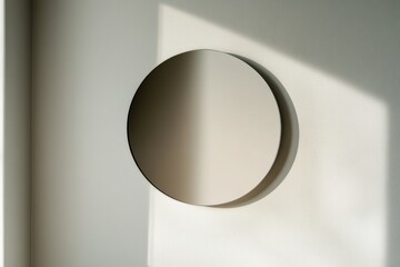 Wall Mural - round mirror with thin metallic frame reflecting soft light on clean white wall
