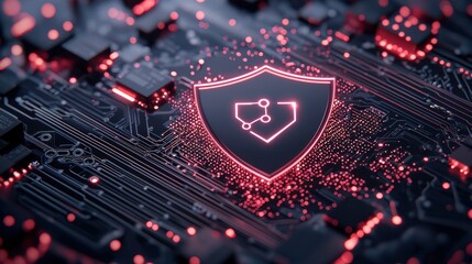 Wall Mural - a digital shield icon superimposed on a circuit board background, representing robust cybersecurity 