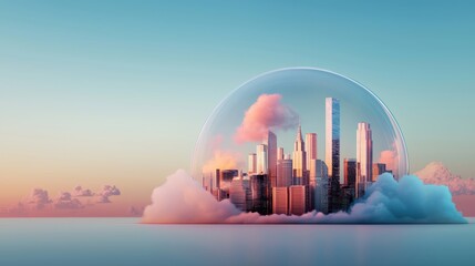 Wall Mural - a futuristic cityscape with a protective digital dome shielding it from cyberattacks, representing t