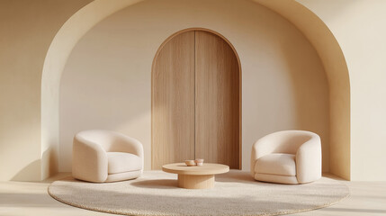 Wall Mural - Serene Modern Interior: A minimalist interior scene showcasing two cozy armchairs arranged around a small round table, set against an arched doorway, with warm, inviting tones.