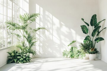 Lush greenery in a bright, minimalist room, large-leaf tropical plants and succulents positioned near a sunlit window, clean and fresh design