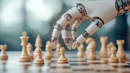 Wall Mural - a robotic hand interacting with a chessboard, representing the ability of artificial intelligence to