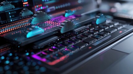 Poster - A computer keyboard with a colorful design of clouds