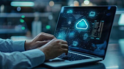 Poster - A person is typing on a laptop with a cloud icon on the screen