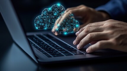 Poster - A person is typing on a laptop with a cloud on the screen