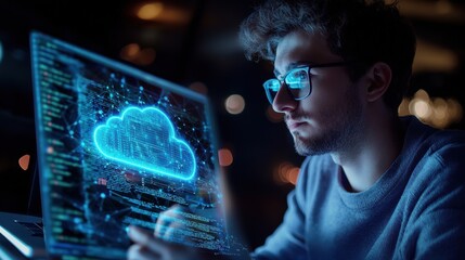 Aufkleber - A man is looking at a computer screen with a cloud on it