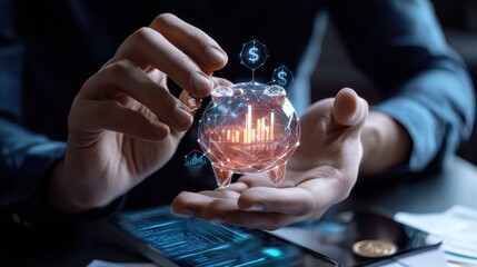 Poster - A person is holding a small, glowing, 3D model of a bank account