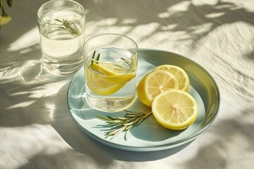 Wall Mural - Sunlit rosemary lemon water on plate, outdoors