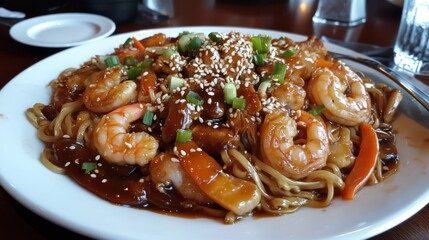 Wall Mural - Delicious Chinese Style Chow Mein with Stir Fried Noodles and Shrimps Garnished with Vegetables and Sesame Seeds